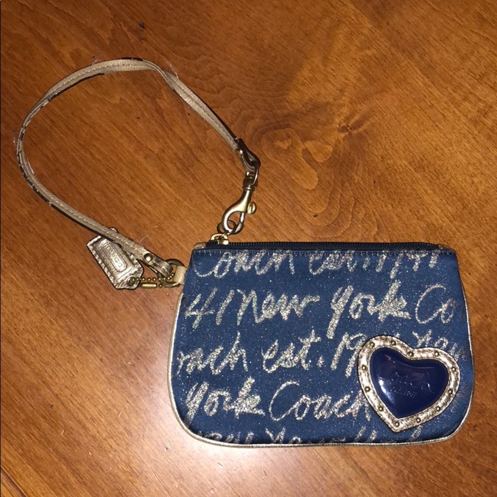 Blue and Gold COACH Heart Wristlet wallet
